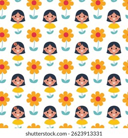 Seamless happy girl face pattern background