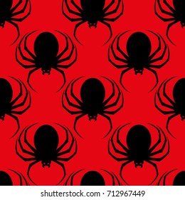 Seamless Happy Halloween background. Nightmare monster big spider. Design for concept wallpaper, poster, wrapping paper or cards. Cartoon style. Doodles. Vector illustration.