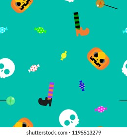 seamless happy halloween holiday festival with pumpkin, sock and shoes, candy and lollipop, skull, repeat pattern in green background flat vector illustration design