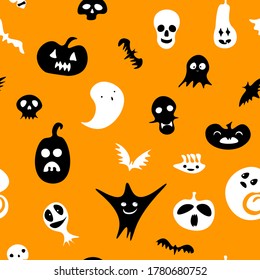 Patrón de Halloween Feliz sin Maravilla. Fantasma blanco negro, calabaza, esqueleto, calaveras sobre fondo naranja. Personajes de horror espeluznantes para las vacaciones de otoño en Halloween, Día de los Muertos. Fondo festivo del vector
