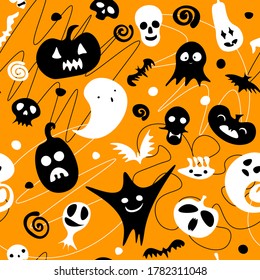 Seamless Happy Halloween pattern. Black white ghost, pumpkin, skeleton, skulls on line orange background. Cute scary horror characters for fall holidays Halloween, Day of the Dead. Vector illustration