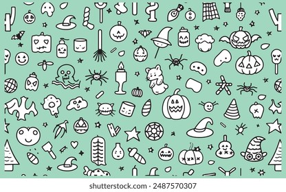 Seamless happy Halloween pattern design, icons style