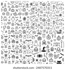 Seamless happy Halloween pattern design, icons style