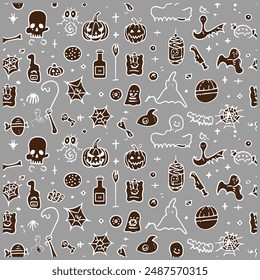 Seamless happy Halloween pattern design, icons style