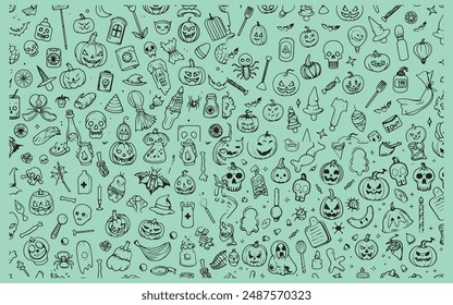 Seamless happy Halloween pattern design, icons style