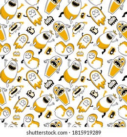 Seamless happy Halloween pattern. Funny cartoon monsters, ghosts, aliens. Scary halloween character design. Terrible monsters mouths set, horrible jaws, smiling face. Hand drawn vector background.