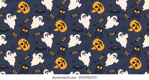 Seamless Happy Halloween pattern. Ghost, pumpkin, spider, flying bat and candy on dark blue background. Vector illustration for web or print, banner, poster, party invitation design