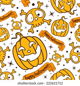 Seamless happy halloween pattern with pumpkins and skulls and crossbones