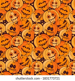 Seamless Happy Halloween pattern with scary orange pumpkins on dark background. Holiday background with creepy funny monster characters. Halloween pumpkin with teeth, jaw and mouth. Hand drawn vector