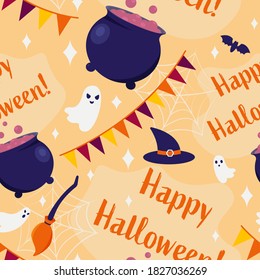 Seamless Happy Halloween pattern. Witch's cauldron with steam, bats, ghosts, cobwebs, broom, witch hat, stars, holiday ribbons. Vector flat cartoon illustration. Halloween night party, holiday vibes.