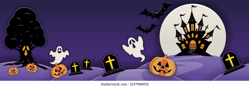 Seamless Happy Halloween Vector Background Illustration With Haunted Mansion, Full Moon, Haunted Tree, Ghosts, And Pumpkins. Horizontally Repeatable.