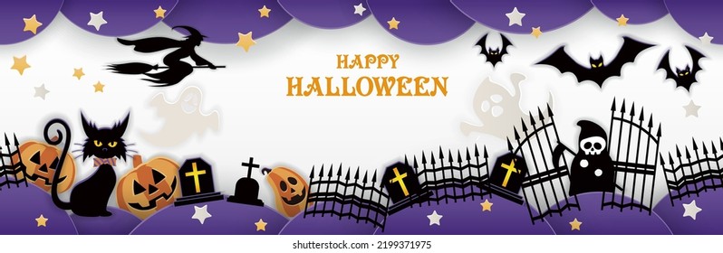 Seamless Happy Halloween Vector Background Illustration With A Black Cat, A Witch, Ghosts, Jack-o-lantern, Graveyard, And Bats. Horizontally Repeatable.