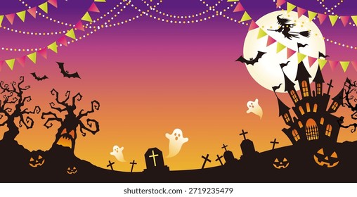 Seamless Happy Halloween Vector Background Illustration With A Haunted Mansion, Haunted Trees, Ghosts, And A Witch Flying Across The Full Moon. Horizontally Repeatable.
