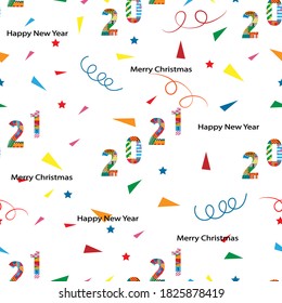 Seamless Happy new year 2021 and Merry Christmas with geometric tiny shape pattern,swirled and star on white background,Cute element designs pattern for New year or Christmas wrapping paper background