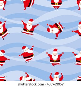 Seamless Happy New Year and Merry Christmas background dancing funny Santa Claus in different poses. Vector illustration