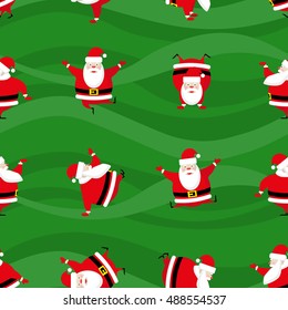 Seamless Happy New Year and Merry Christmas background dancing funny Santa Claus in different poses. Vector illustration concept for wrapping paper