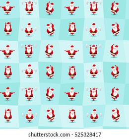 Seamless Happy New Year and Merry Christmas background funny sportsman Santa Claus does morning exercises in different poses. Vector illustration