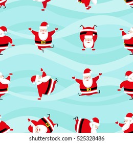 Seamless Happy New Year and Merry Christmas background. Dancing funny Santa Claus in different poses. Concept design for wallpaper, wrapping paper. Cartoon style. Vector illustration