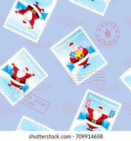 Seamless Happy New Year and Merry Christmas background. Funny Santa Claus in different poses. Vector illustration. Concept for wrapping paper or wallpaper