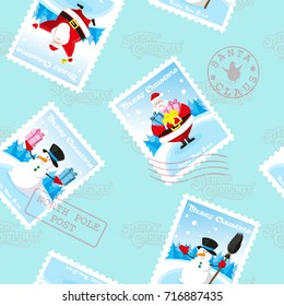 Seamless Happy New Year and Merry Christmas background. Funny Santa Claus and Snowman in different poses. Vector illustration. Concept for wrapping paper or wallpaper