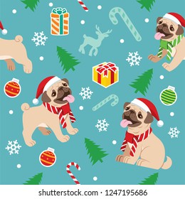 seamless happy pug dog christmas pattern