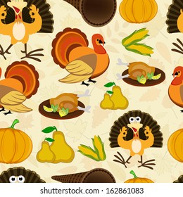 Seamless Happy Thanksgiving Day background with turkey bird, fruits and vegetables. 