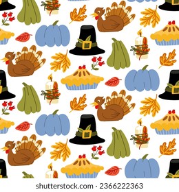 Seamless Happy Thanksgiving pattern with festive elements in a flat style. Hand-drawn background with turkey, pumpkin, pie, hat, candle, leaves. Vector illustration for design fabric or wrapping paper