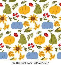 Seamless Happy Thanksgiving pattern with festive elements in a flat style. Hand-drawn background with pumpkins, corn, sunflower and harvest, leaves. Vector illustration for design, fabric or wrapping