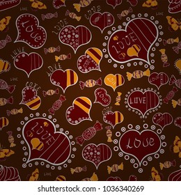 Seamless Happy Valentine':s Day card seamless background pattern heart. Cute brown, red and white colors elements. Vector illustration.