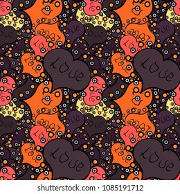 Seamless Happy Valentine':s Day card seamless background pattern heart. Cute black, brown and orange colors elements. Vector illustration.
