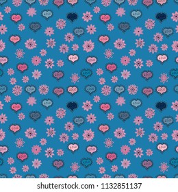 Seamless Happy Valentine':s Day card seamless background pattern heart. Cute blue, neutral and black colors elements. Vector illustration.
