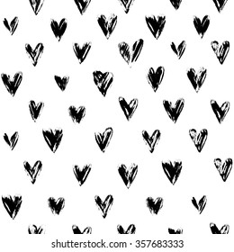 Seamless Happy Valentines Pattern with Ink Hand drawn Hearts in Grunge Style