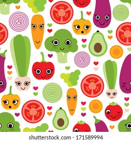 Seamless happy vegetables food fun illustration background pattern in vector