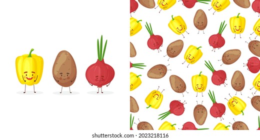 Seamless happy vegetables food fun illustration background pattern in vector. Vector illustration