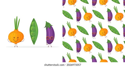 Seamless happy vegetables food fun illustration background pattern in vector.