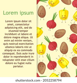 Seamless happy vegetables food fun illustration background pattern in vector. 