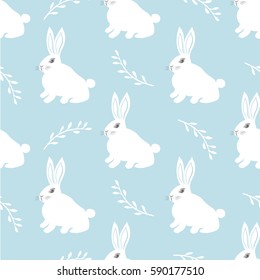 Seamless hare pattern. Cute little Bunny on a blue background. Cute rabbit vector design for fabric and decor.