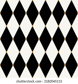 Seamless harlequin check pattern in black and white with gold dots. Vector geometric diamonds background. Fabric texture print for clothing, wrapping paper, scrapbooking, wallpapers, decor, design 