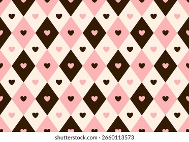 Patrón de diamantes de arlequín sin costuras con corazones lindos en rosa, marrón y crema