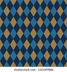 Seamless harlequin pattern background in gold and blue.