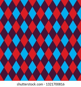 Seamless harlequin pattern background in red, blue and purple.