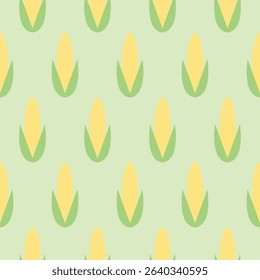 Seamless harvest background with crops. Local fresh corn icons and stickers. Healthy yellow and green colors. Suitable for agricultural presentations, produce packaging, product website design. EPS 10