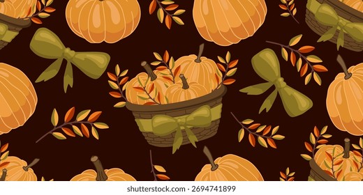 Modelo inconsútil de la cesta de la cosecha con las calabazas y las hojas del otoño en fondo oscuro