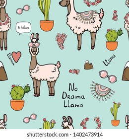 Seamless hattern with LLamas and elements, flowers,cactus, sunglasses