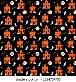 seamless haunted house ghosts and bats Halloween vector pattern black orange