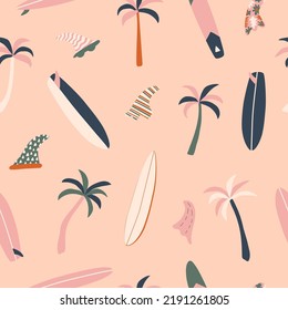 Seamless hawaii surfing pattern. Vector illustration with palm tree, surfboard, surf fin. Modern exotic design for paper, cover, fabric, interior decor and other.