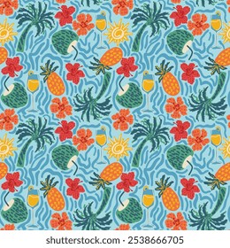 Patrón de inspiración hawaiana sin fisuras con hibiscos, piñas, coco, palmeras y olas. Colores brillantes y vibrantes ideales para camisas, tema Aloha, para textiles, papelería, ropa, papel de regalo 