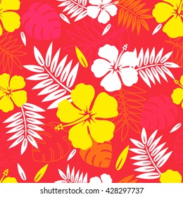 Seamless Hawaiian pattern classic flat style. retro flowers of hibiscus. Vector illustration