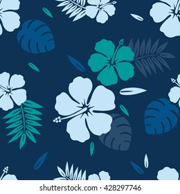 Seamless Hawaiian pattern classic flat style. retro flowers of hibiscus. Vector illustration