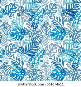 Seamless Hawaiian pattern classic flat style. retro flowers of hibiscus. Vector illustration. Blue plants on white background 